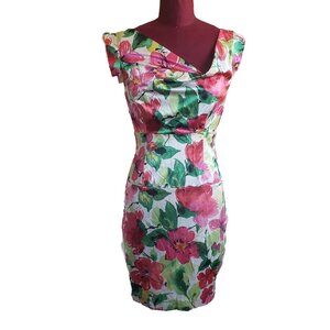 Black Halo Jackie O Dress Floral Satin Asymmetrical Cap Sleeve Sheath Short 4